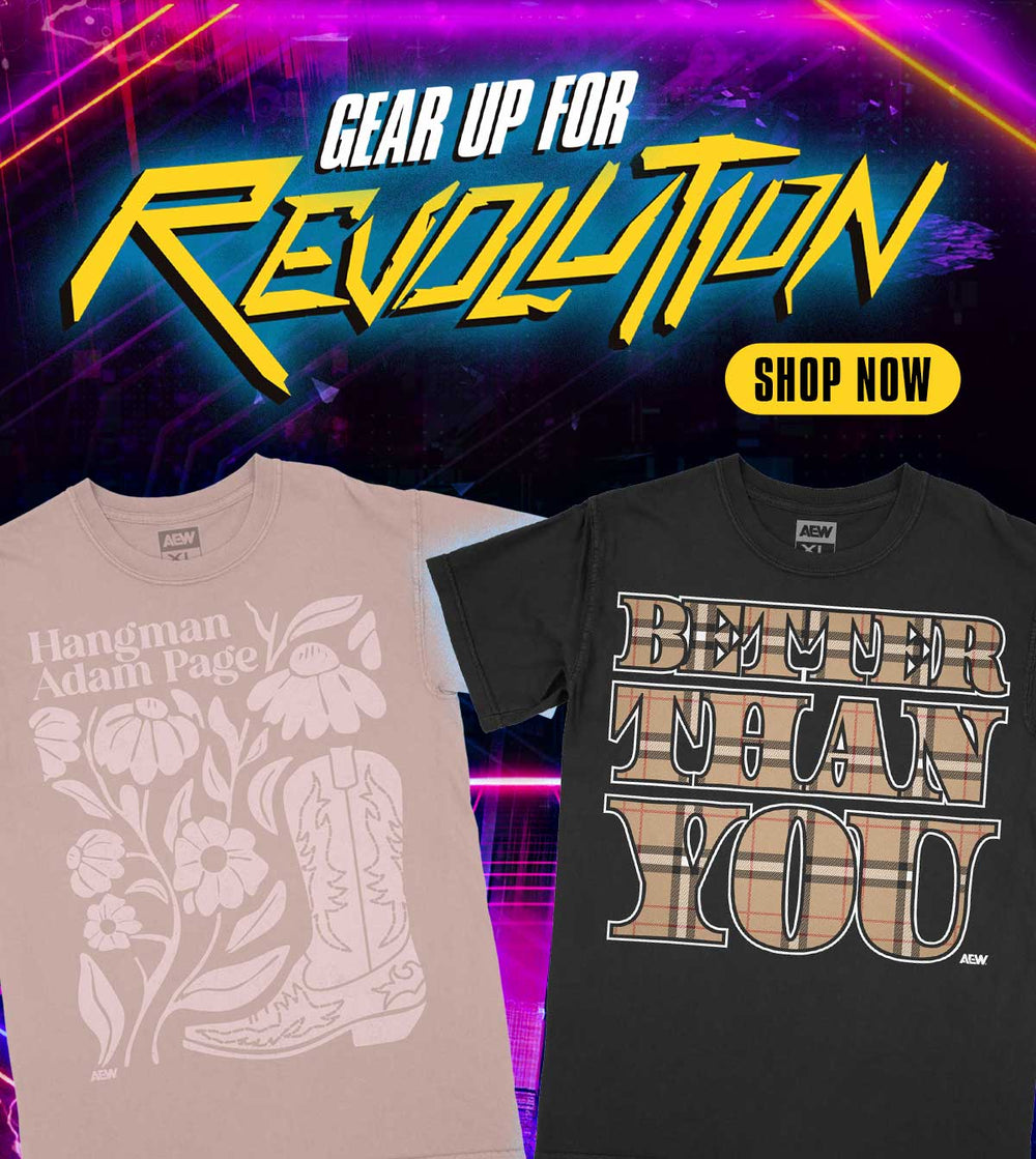 Two t-shirts with designs and text on a vibrant background with 'Gear Up For Revolution' text.
