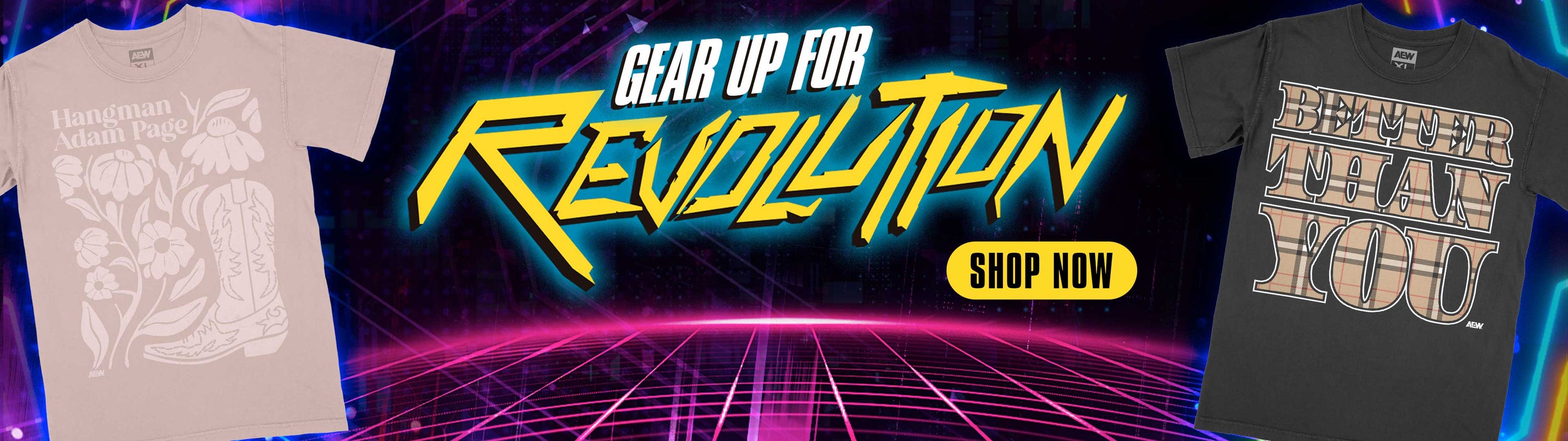 Promotional banner with 'Gear Up for Revolution' text and two t-shirts on a futuristic background.